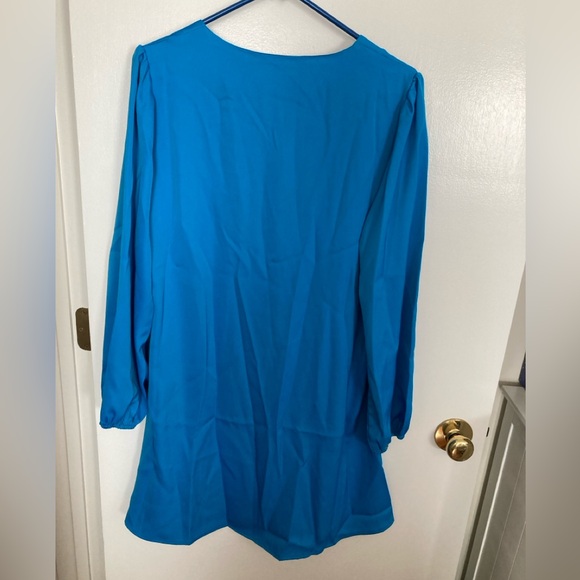Pretty Garden, Blue V Neck Dress with button front and long puff sleeves. Size M - Picture 3 of 10